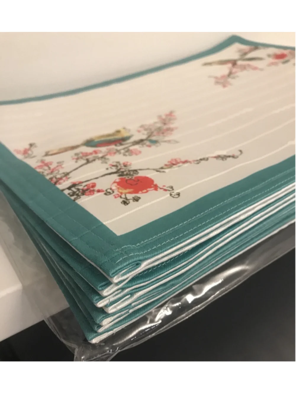 8 Lenox Chirp Placemats Microfiber White Teal Blue Floral Spring Cherry Blossoms